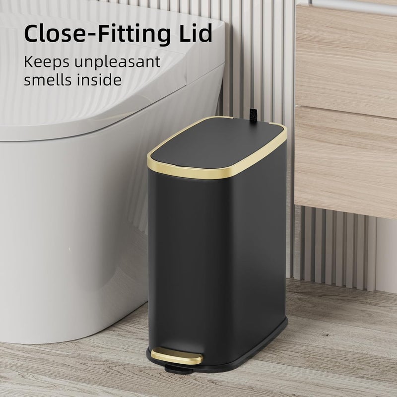 KUK Small Bathroom Trash Can with Lid Soft Close, Step Pedal, 2.6 Gal Stainless Steel Garbage Can with Removable Inner Bucket, Anti-Fingerprint Wastebasket for Office, Bedroom, Toilet (Black) - Image 2